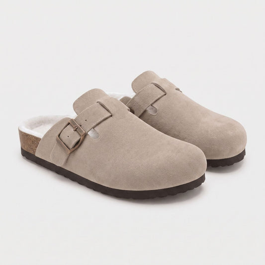 Fur-Lined Suede Buckle Clogs | Zyphhra
