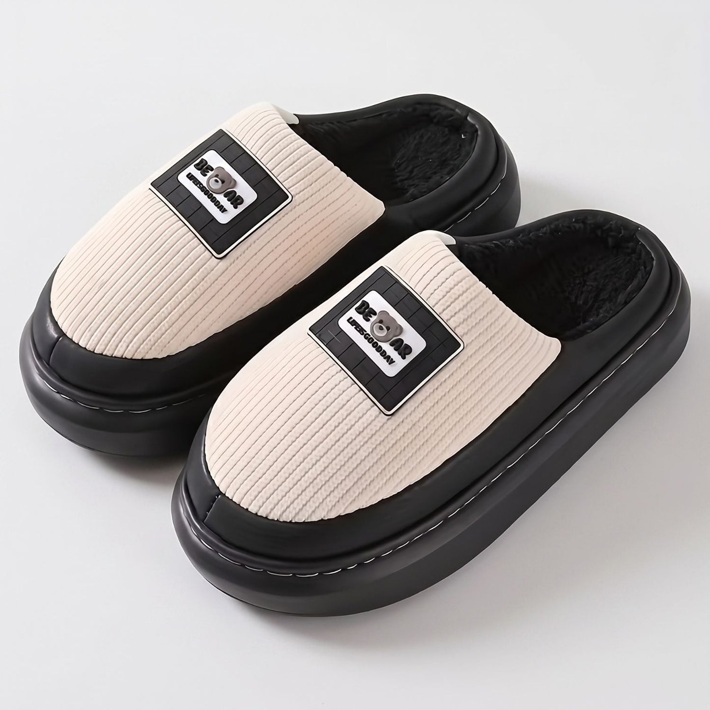 Corduroy Trim Plush Slippers | Zyphhra