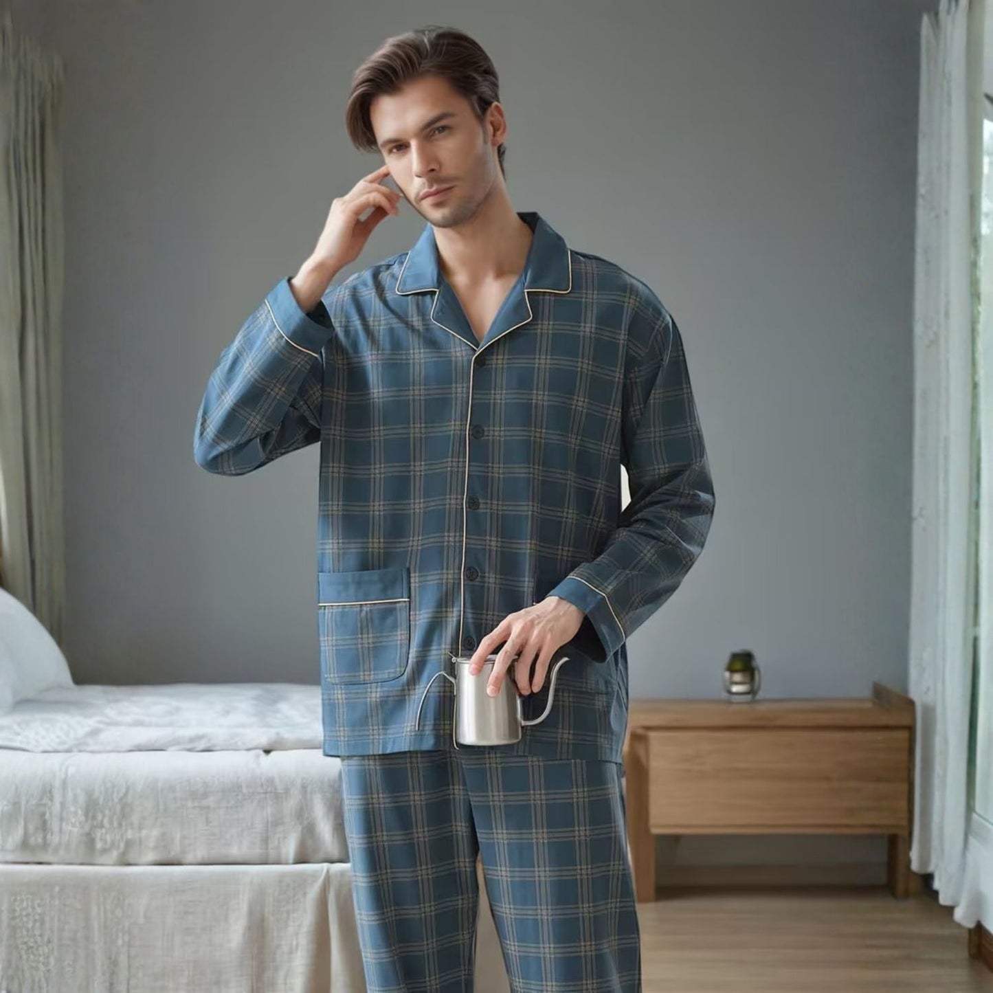 Plaid Lapel Button Pyjama Set | Zyphhra