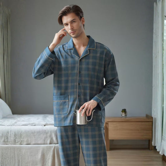Plaid Lapel Button Pyjama Set | Zyphhra