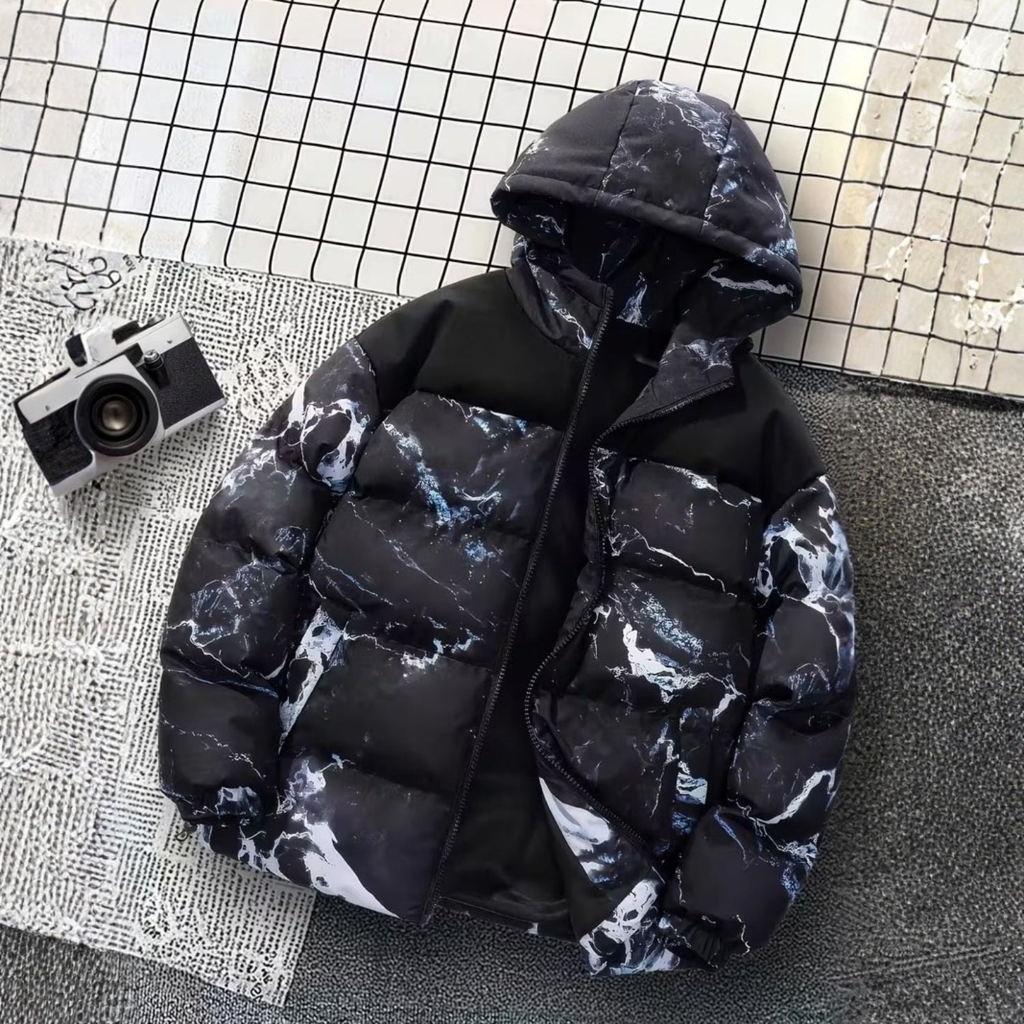 Marble Print Hooded Puffer Jacket | Zyphhra