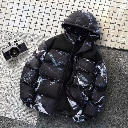 Marble Print Hooded Puffer Jacket | Zyphhra