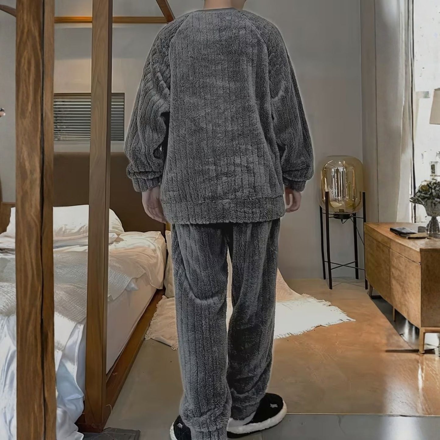 Fluffy Striped Crew Neck Pyjama Set | Zyphhra