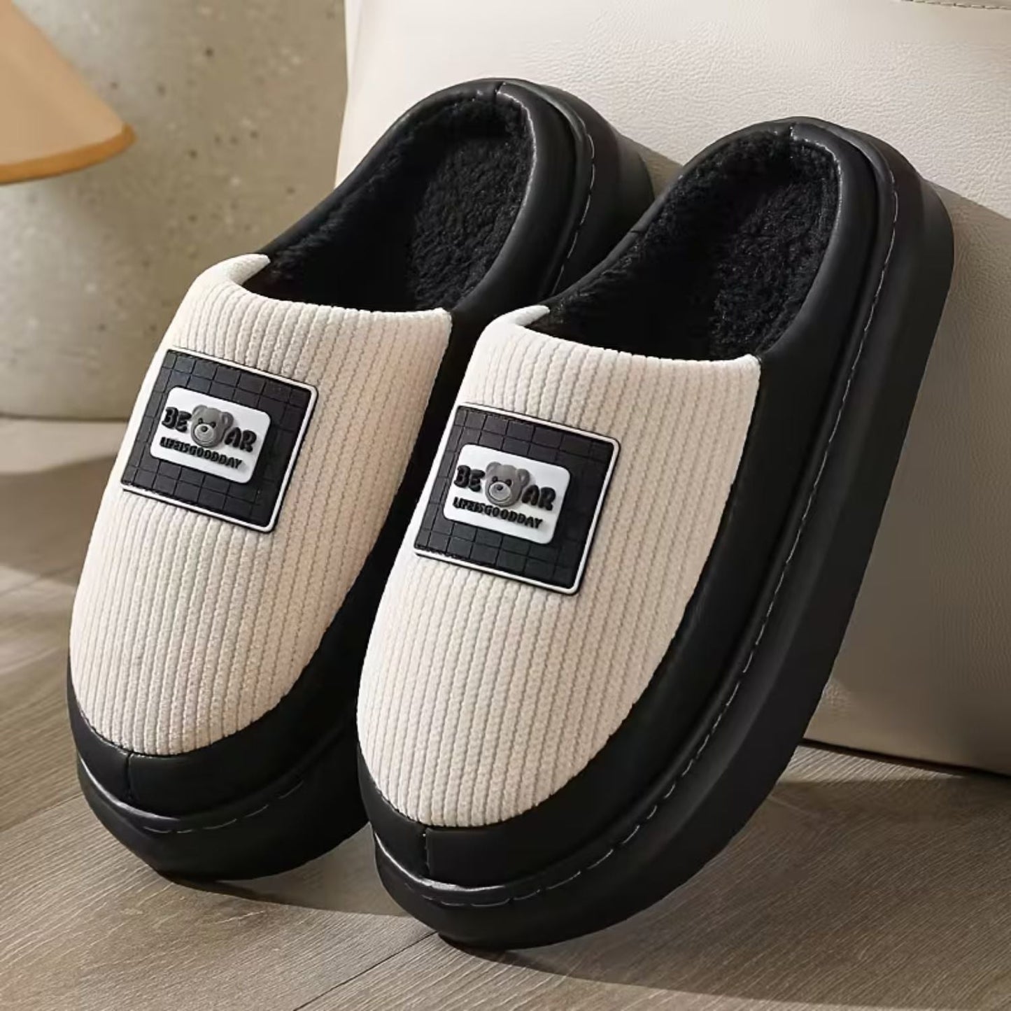 Corduroy Trim Plush Slippers | Zyphhra