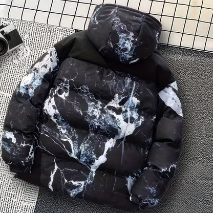 Marble Print Hooded Puffer Jacket | Zyphhra