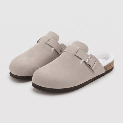 Fur-Lined Suede Buckle Clogs | Zyphhra