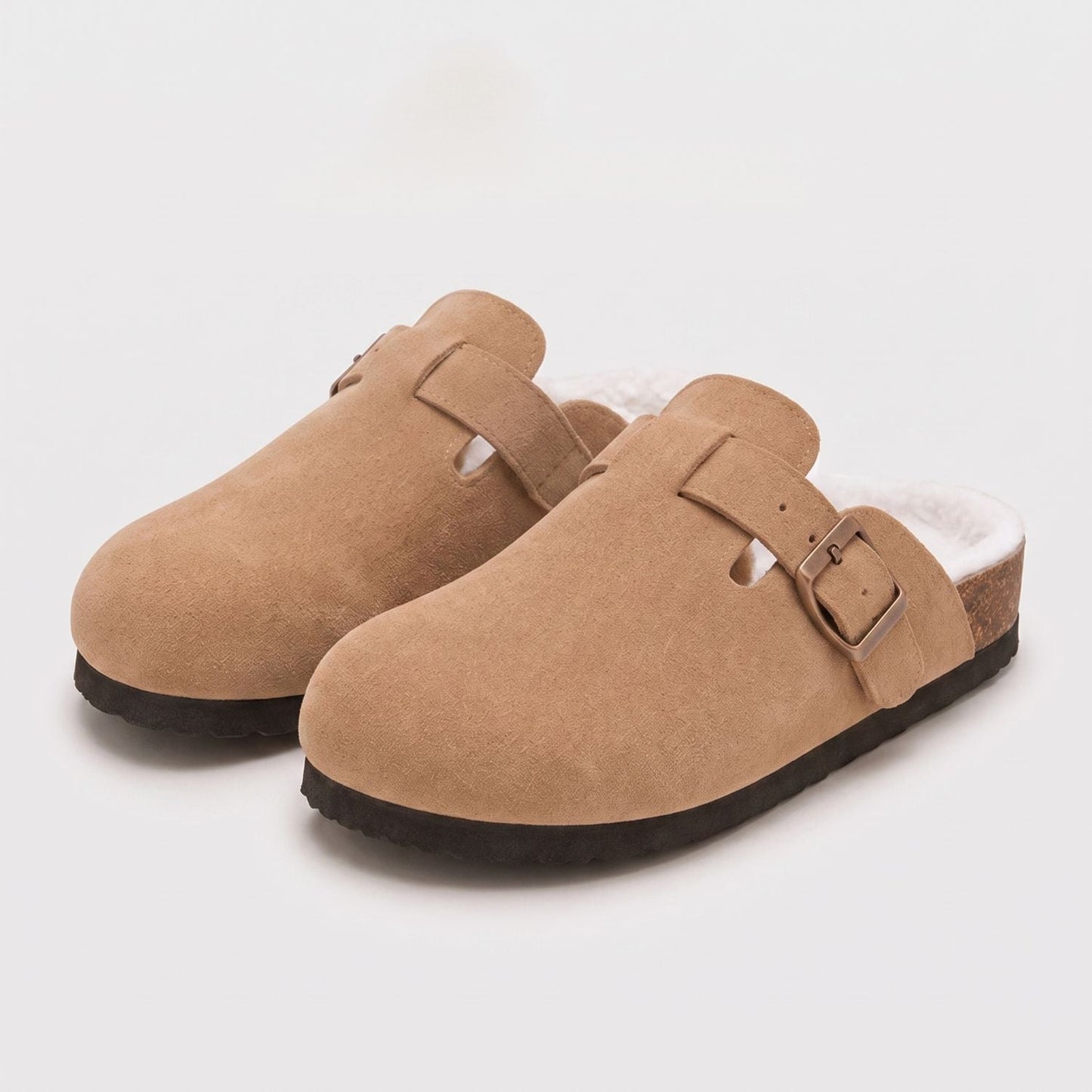 Fur-Lined Suede Buckle Clogs | Zyphhra