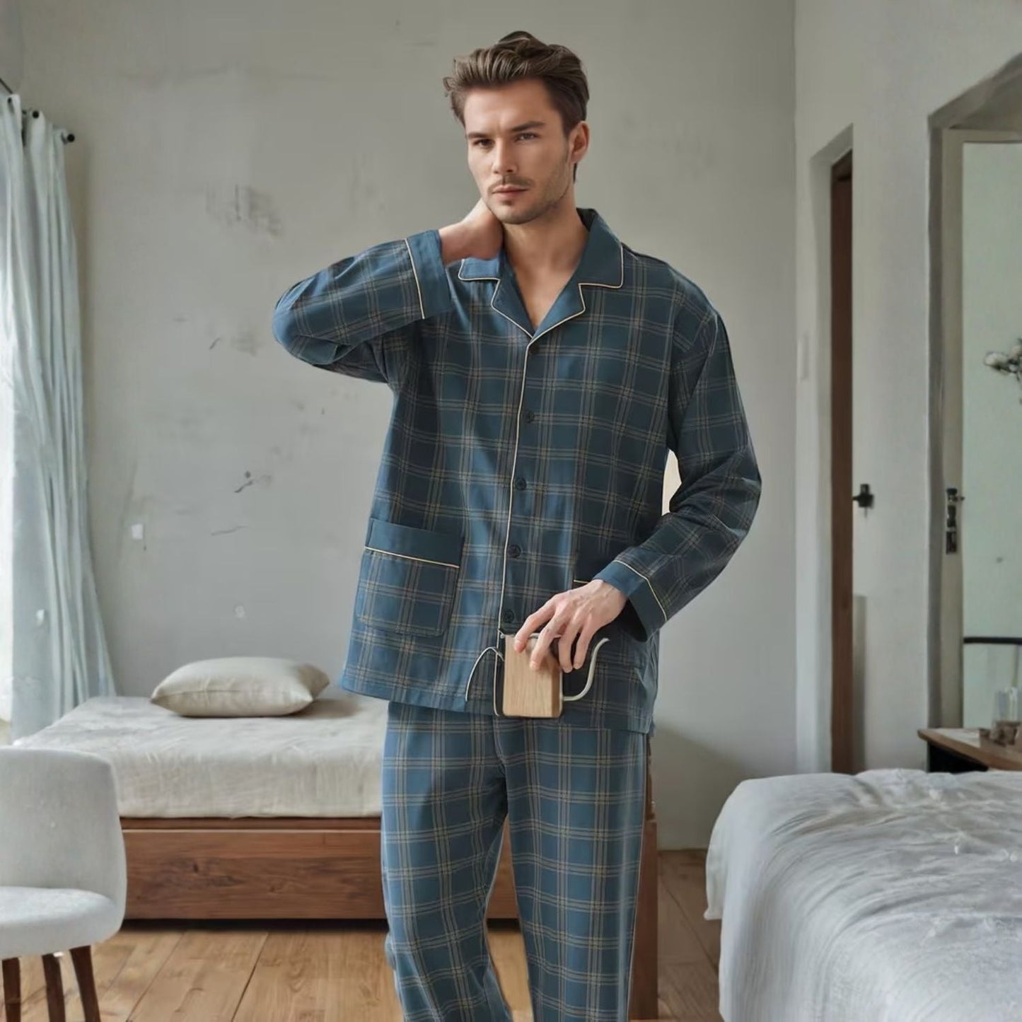 Plaid Lapel Button Pyjama Set | Zyphhra