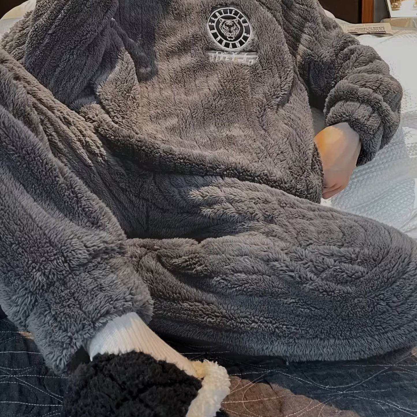 Fluffy Striped Crew Neck Pyjama Set | Zyphhra