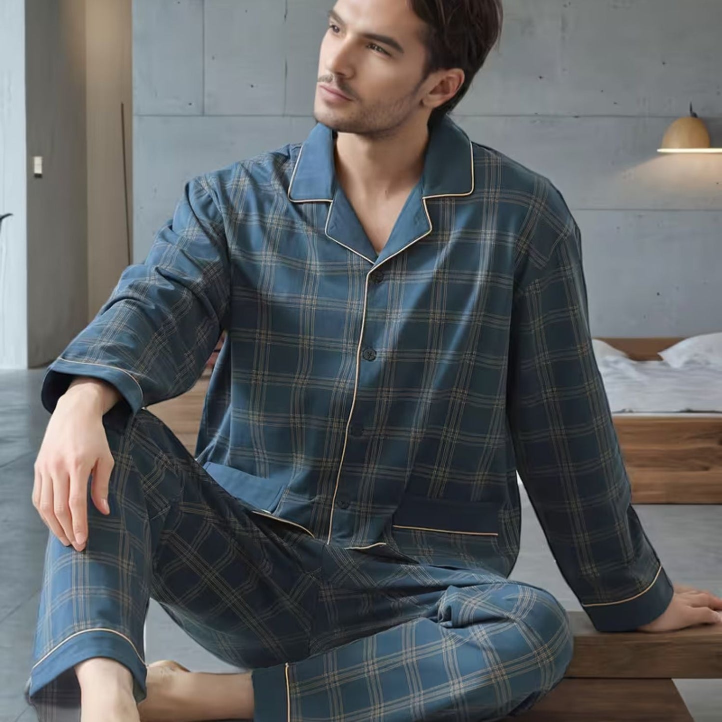 Plaid Lapel Button Pyjama Set | Zyphhra