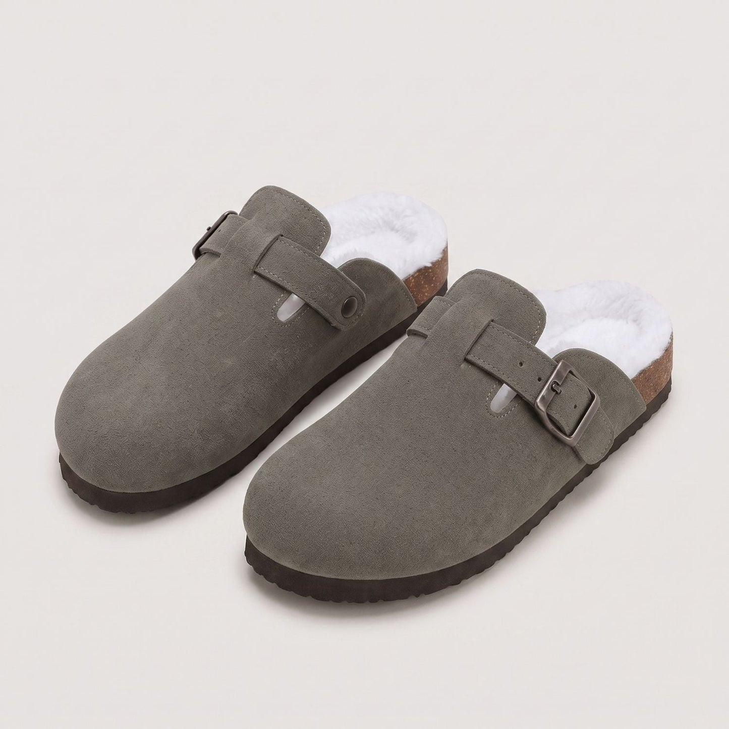 Fur-Lined Suede Buckle Clogs | Zyphhra
