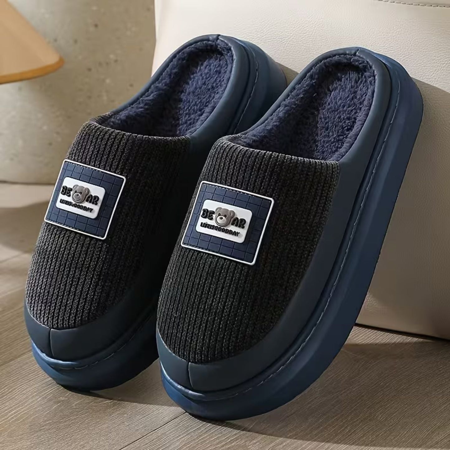 Corduroy Trim Plush Slippers | Zyphhra