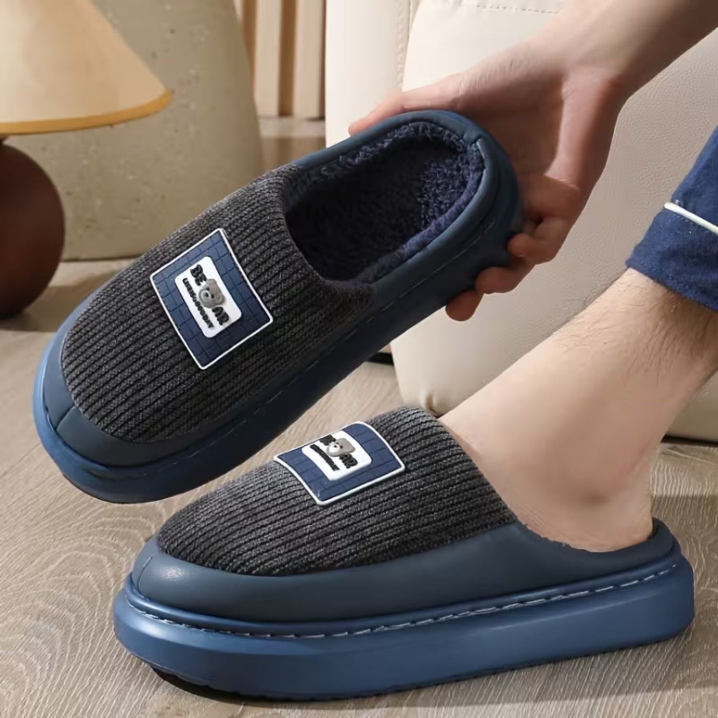 Corduroy Trim Plush Slippers | Zyphhra