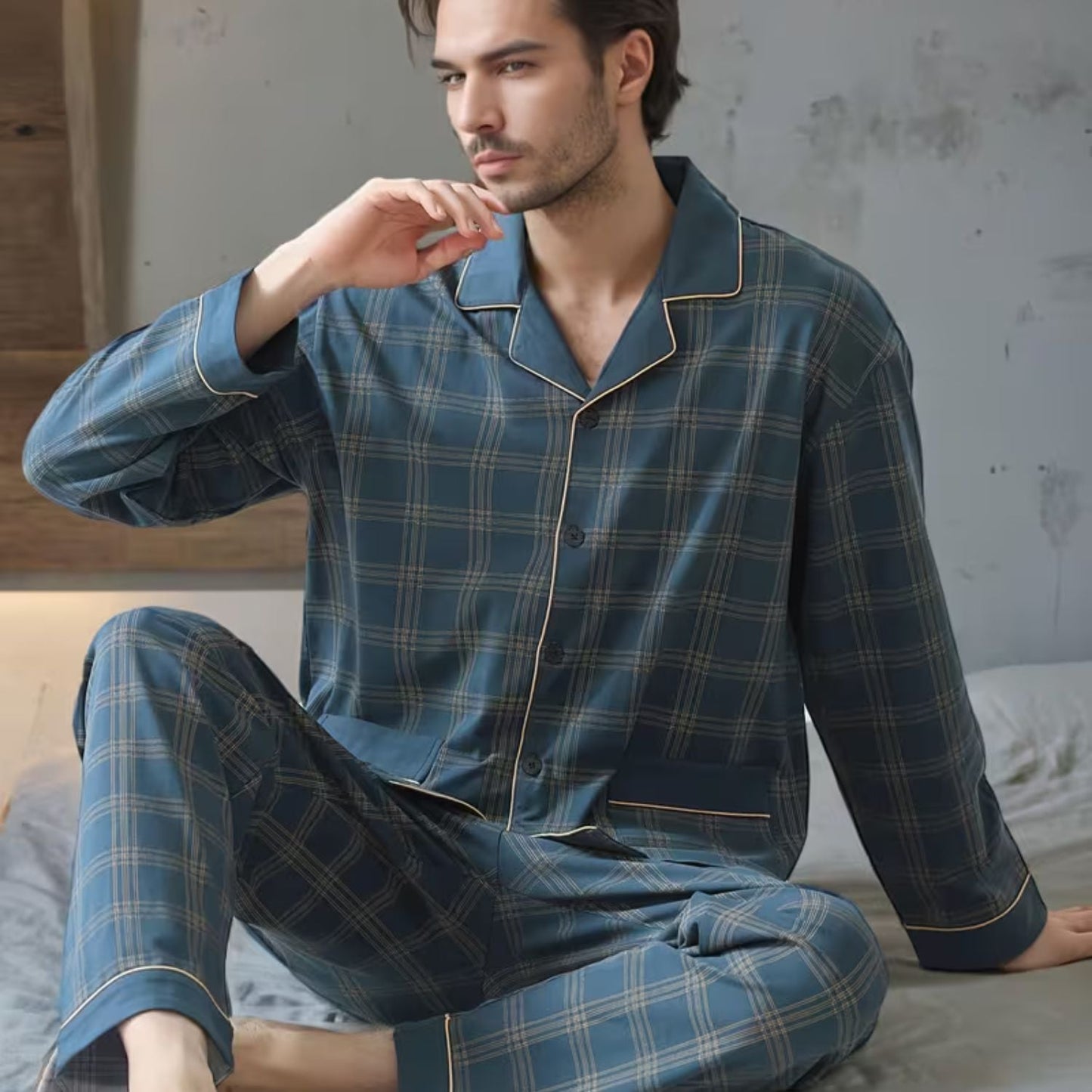 Plaid Lapel Button Pyjama Set | Zyphhra