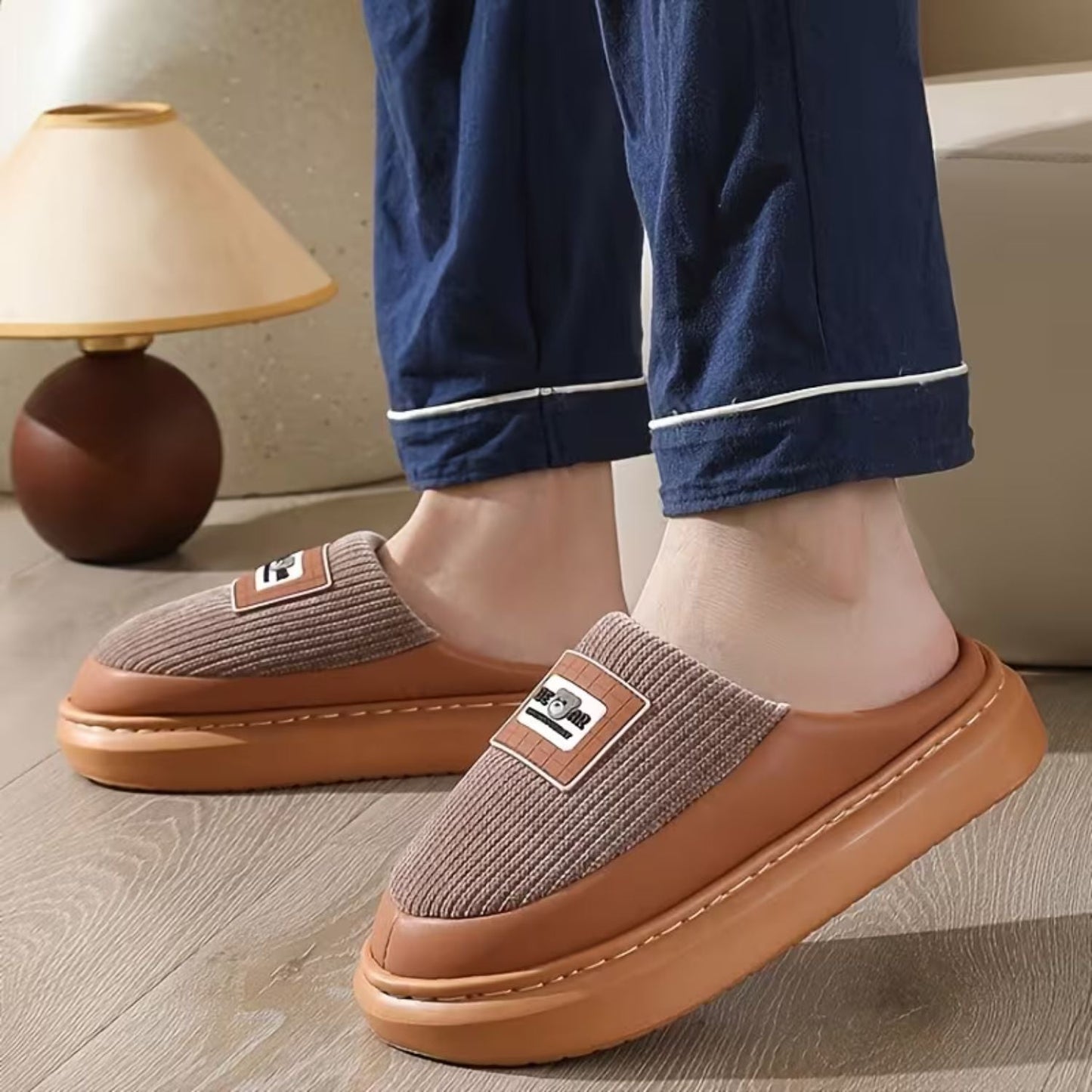Corduroy Trim Plush Slippers | Zyphhra