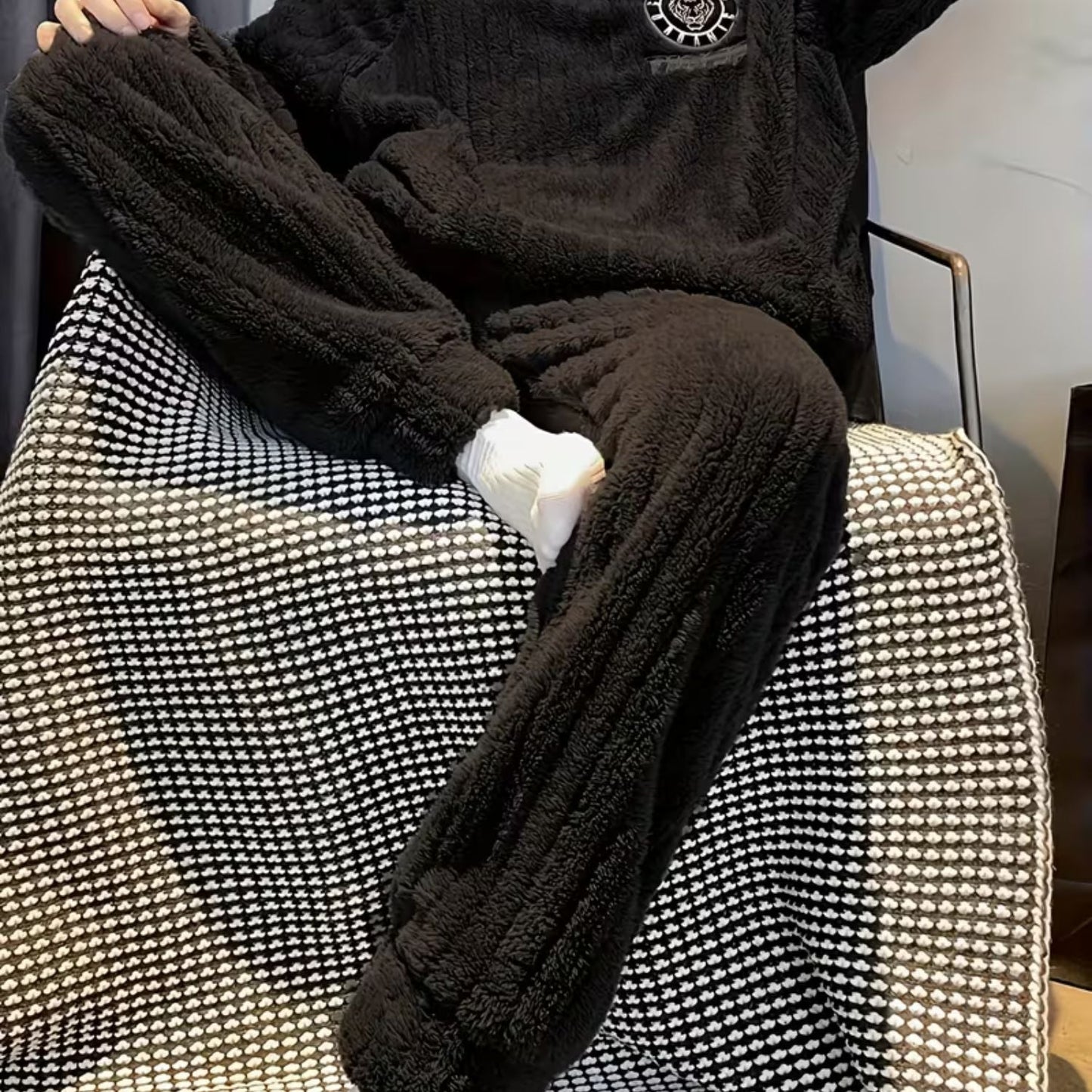 Fluffy Striped Crew Neck Pyjama Set | Zyphhra